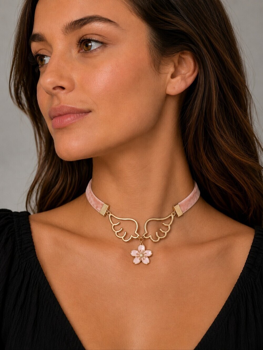 3/$30 VTG Velvet Pink Ribbon Angel Wings Floral Coquette Choker Necklace